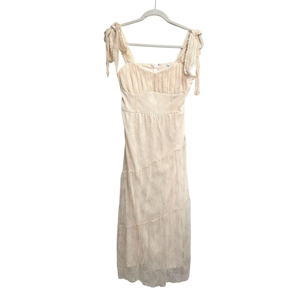 Trixxi Lace Tie Shoulder Romantic Cream Midi Dress Tiered Sweetheart Medium